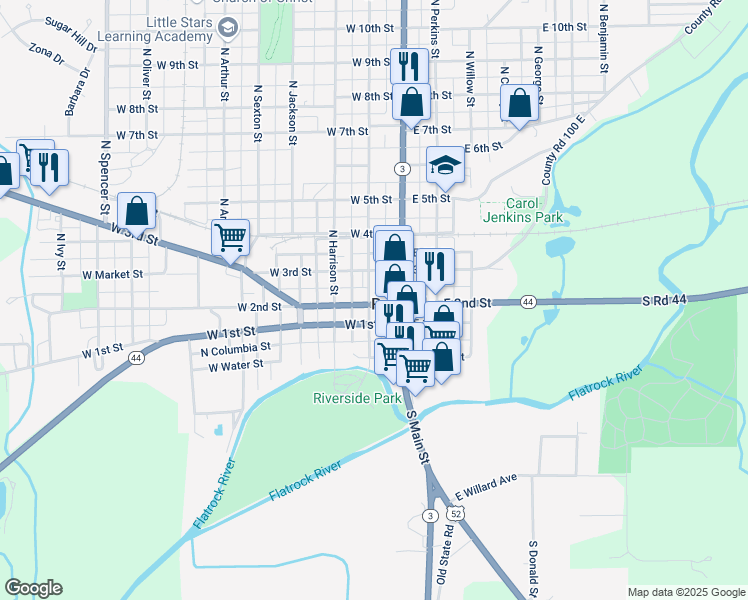 map of restaurants, bars, coffee shops, grocery stores, and more near 210 North Morgan Street in Rushville
