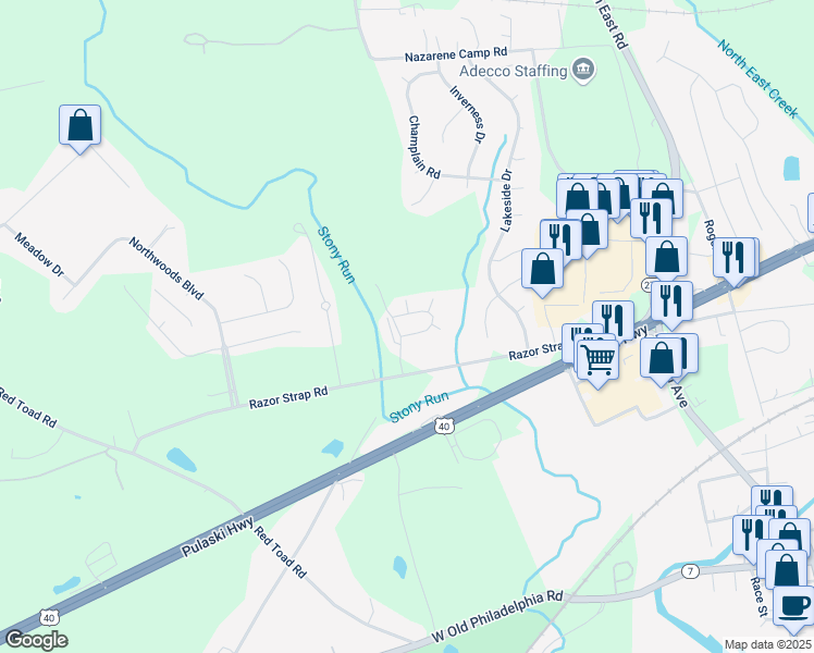 map of restaurants, bars, coffee shops, grocery stores, and more near 1000 Maresca Circle in North East