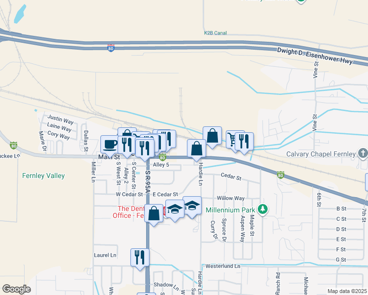 map of restaurants, bars, coffee shops, grocery stores, and more near 192 East Main Street in Fernley