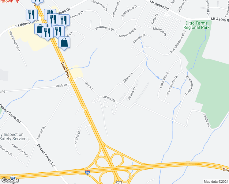 map of restaurants, bars, coffee shops, grocery stores, and more near 1918 Abbey Lane in Hagerstown