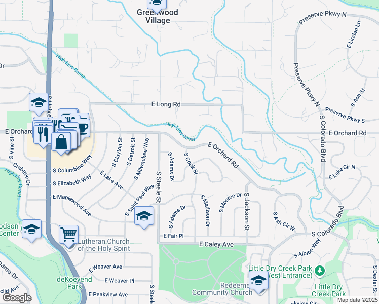 map of restaurants, bars, coffee shops, grocery stores, and more near 3491 East Orchard Road in Centennial