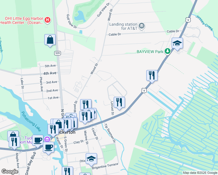 map of restaurants, bars, coffee shops, grocery stores, and more near 37 Portsmouth Lane in Tuckerton