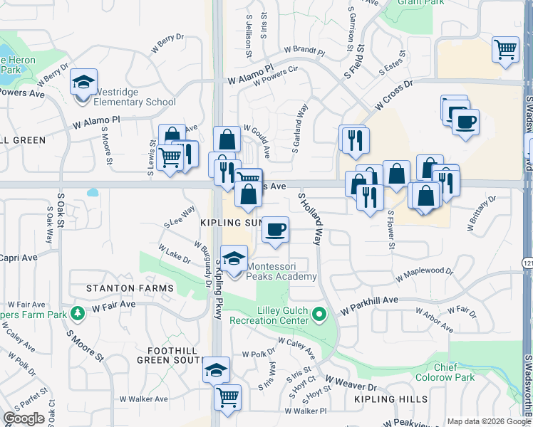map of restaurants, bars, coffee shops, grocery stores, and more near 5900 South Jellison Street in Littleton