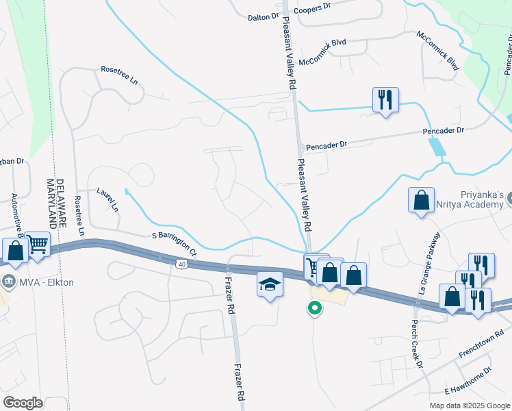 map of restaurants, bars, coffee shops, grocery stores, and more near 715 Stairway Falls Drive in Newark