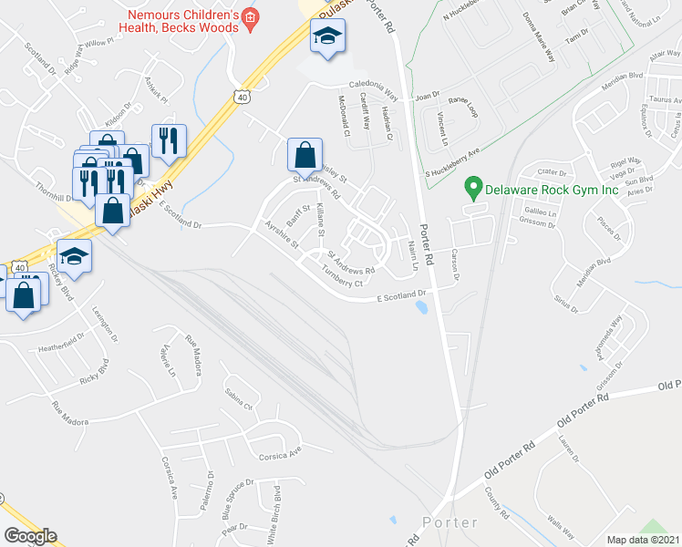 map of restaurants, bars, coffee shops, grocery stores, and more near 300 Turnberry Court in Bear