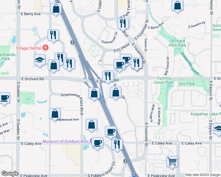 map of restaurants, bars, coffee shops, grocery stores, and more near 8480 East Orchard Road in Greenwood Village