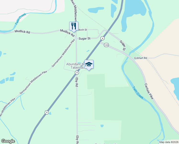 map of restaurants, bars, coffee shops, grocery stores, and more near 9440 Eby Road in Germantown