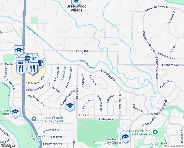 map of restaurants, bars, coffee shops, grocery stores, and more near 3491 East Orchard Road in Centennial