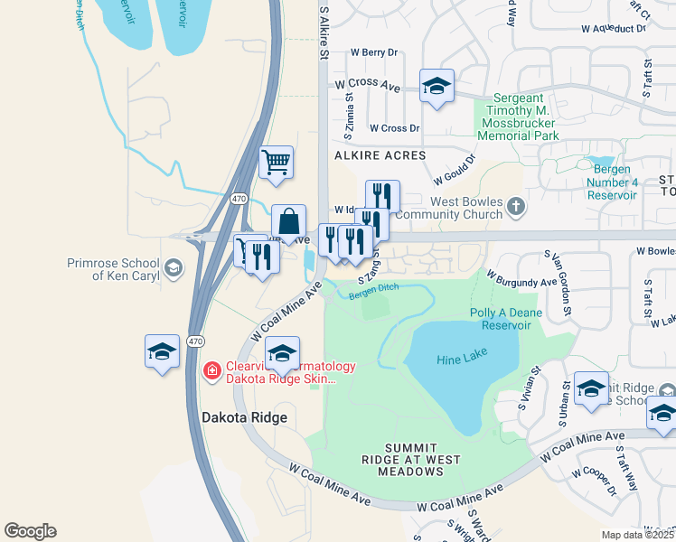 map of restaurants, bars, coffee shops, grocery stores, and more near in Littleton