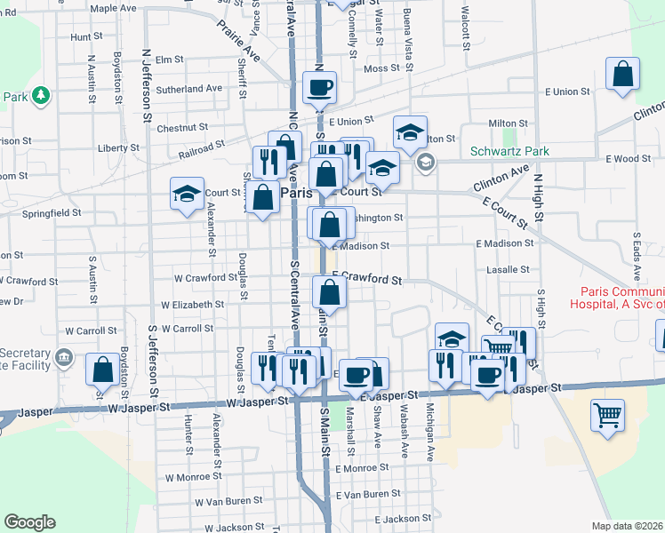 map of restaurants, bars, coffee shops, grocery stores, and more near 250-298 South Main Street in Paris