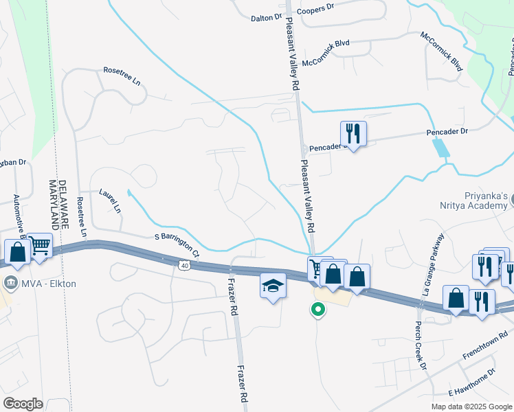map of restaurants, bars, coffee shops, grocery stores, and more near 715 Stairway Falls Drive in Newark