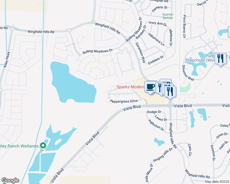 map of restaurants, bars, coffee shops, grocery stores, and more near 6509 Peppergrass Drive in Sparks