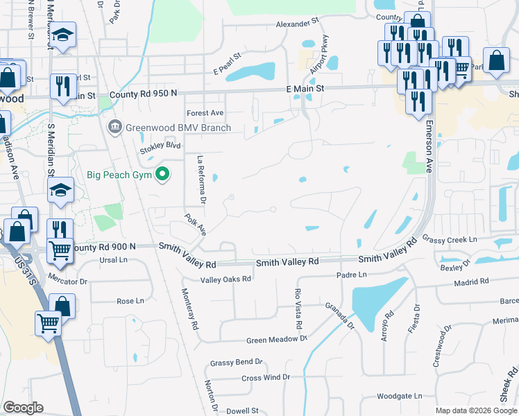 map of restaurants, bars, coffee shops, grocery stores, and more near 616 Cielo Vista Drive in Greenwood