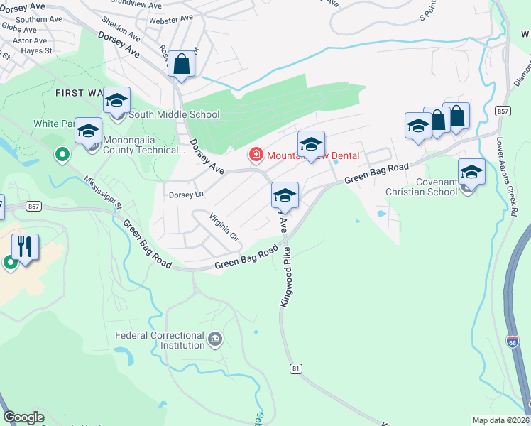 map of restaurants, bars, coffee shops, grocery stores, and more near 1302 Parkway Drive in Morgantown
