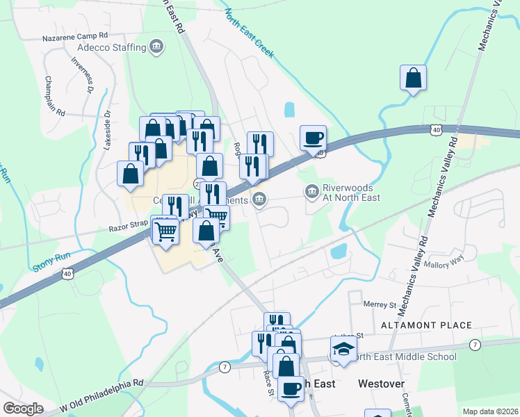 map of restaurants, bars, coffee shops, grocery stores, and more near 11 Cedar Hill Circle in North East