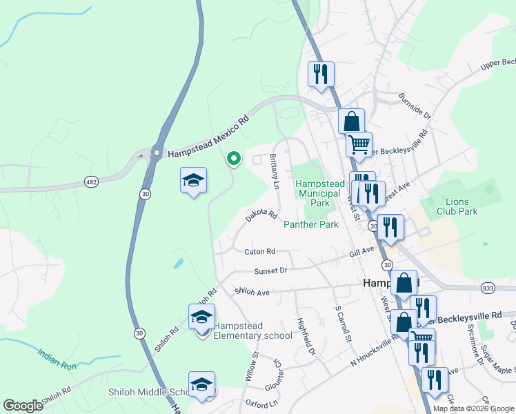map of restaurants, bars, coffee shops, grocery stores, and more near 3832 Dakota Road in Hampstead