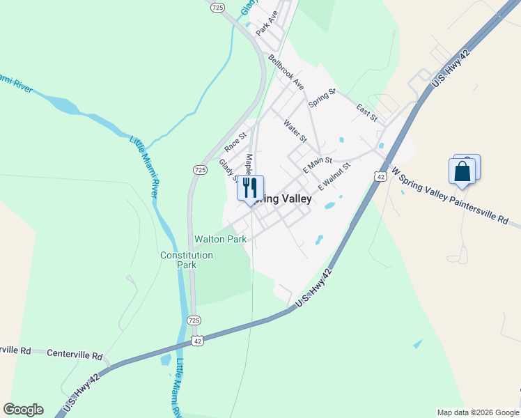 map of restaurants, bars, coffee shops, grocery stores, and more near 13 South Main Street in Bellbrook
