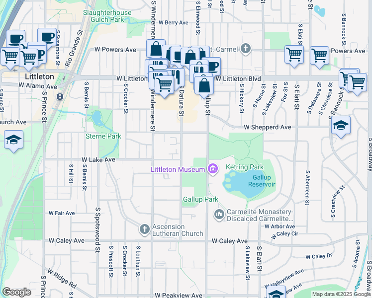 map of restaurants, bars, coffee shops, grocery stores, and more near 5909 South Datura Court in Littleton