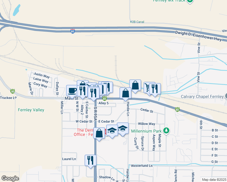 map of restaurants, bars, coffee shops, grocery stores, and more near 320 East Front Street in Fernley