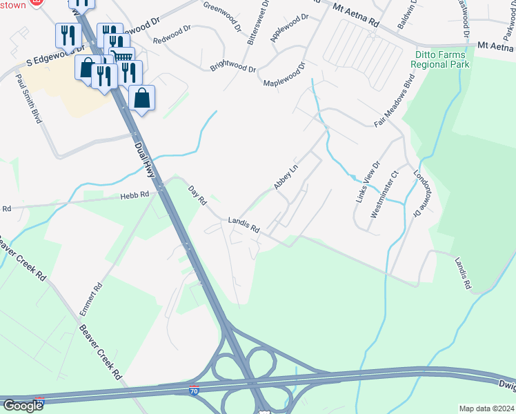 map of restaurants, bars, coffee shops, grocery stores, and more near 1910 Abbey Lane in Hagerstown