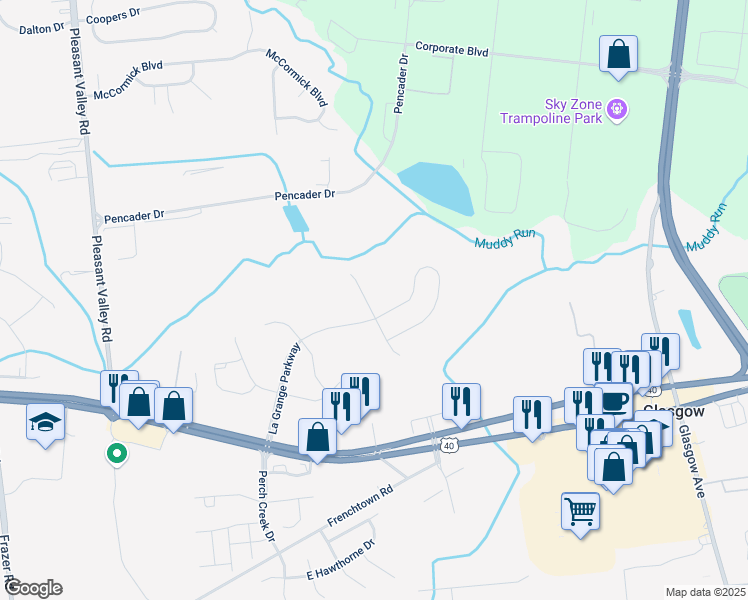 map of restaurants, bars, coffee shops, grocery stores, and more near 1105 La Grange Parkway in Newark