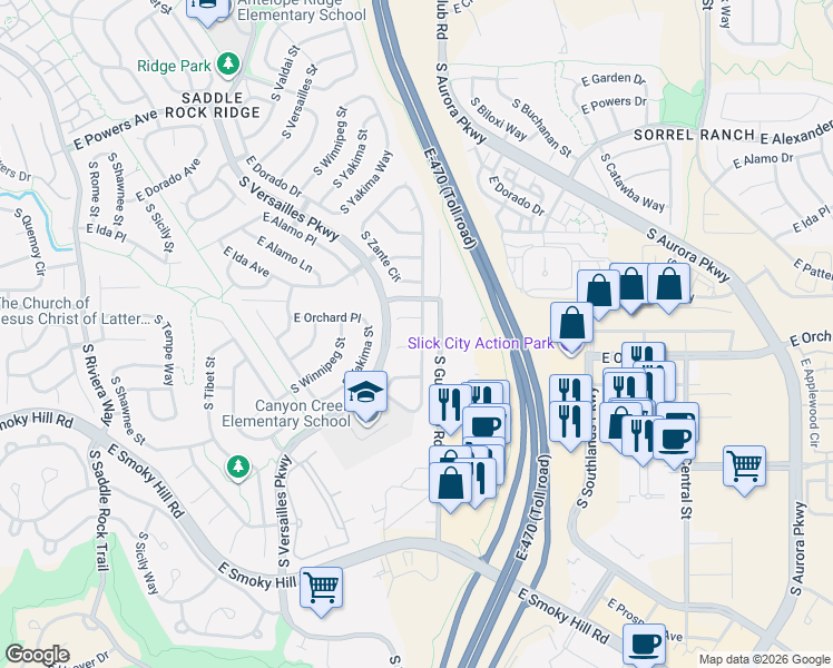 map of restaurants, bars, coffee shops, grocery stores, and more near 23251 East Orchard Place in Aurora