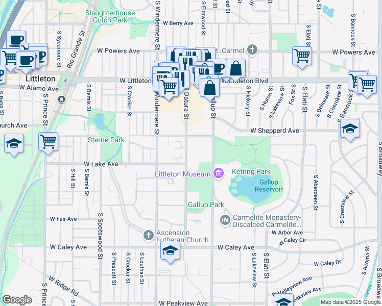 map of restaurants, bars, coffee shops, grocery stores, and more near 5909 South Datura Court in Littleton