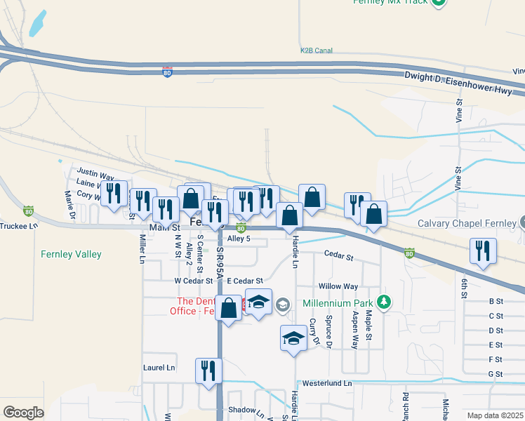 map of restaurants, bars, coffee shops, grocery stores, and more near 320 East Front Street in Fernley