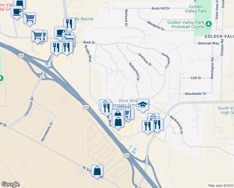 map of restaurants, bars, coffee shops, grocery stores, and more near 7220 Discovery Court in Reno