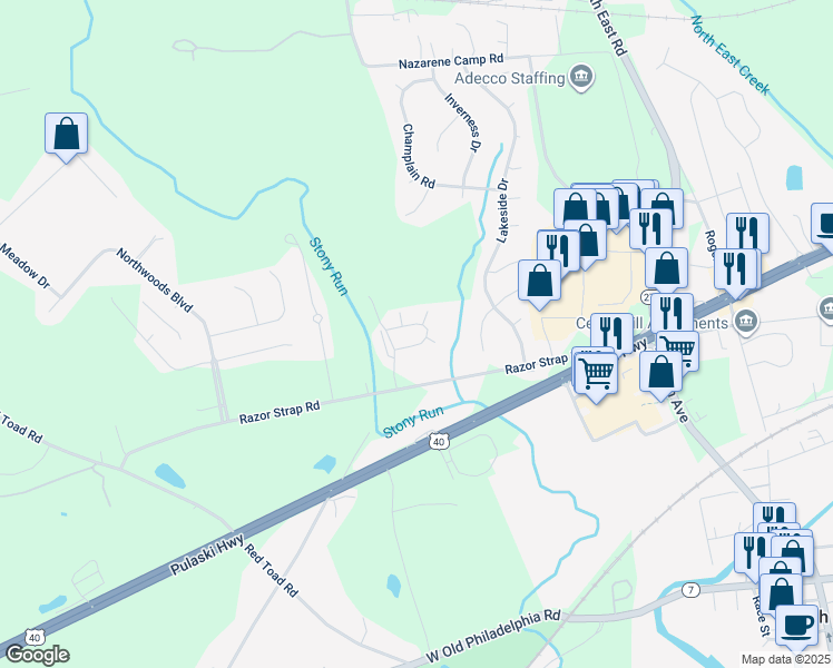 map of restaurants, bars, coffee shops, grocery stores, and more near 600 Maresca Circle in North East