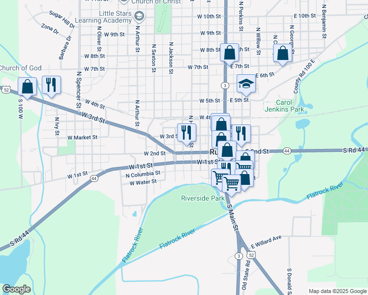 map of restaurants, bars, coffee shops, grocery stores, and more near 335 West 3rd Street in Rushville