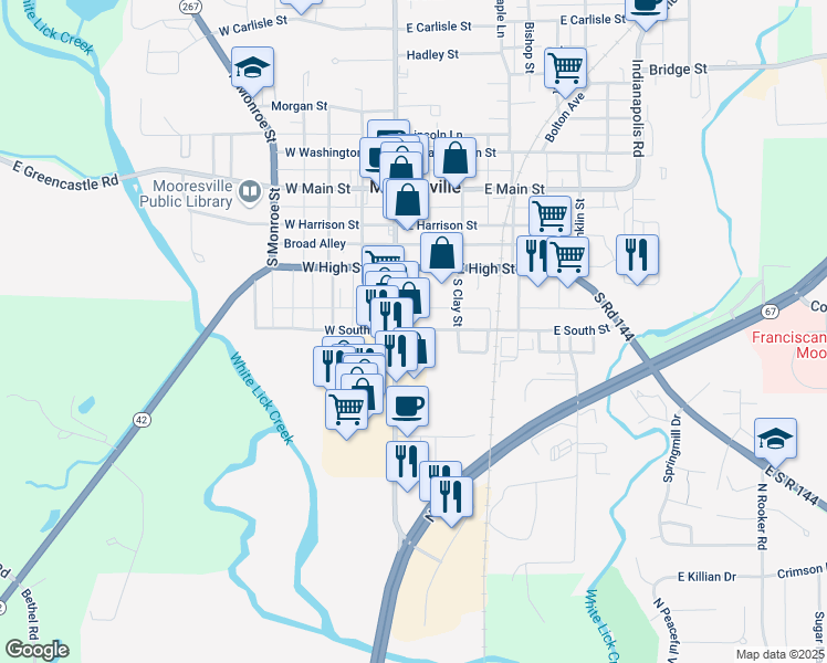 map of restaurants, bars, coffee shops, grocery stores, and more near 340 South Indiana Street in Mooresville