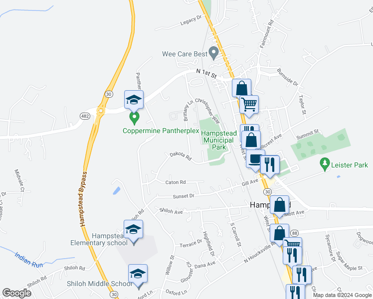 map of restaurants, bars, coffee shops, grocery stores, and more near 3918 Brittany Lane in Hampstead