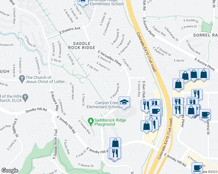 map of restaurants, bars, coffee shops, grocery stores, and more near 5933 South Wenatchee Street in Aurora