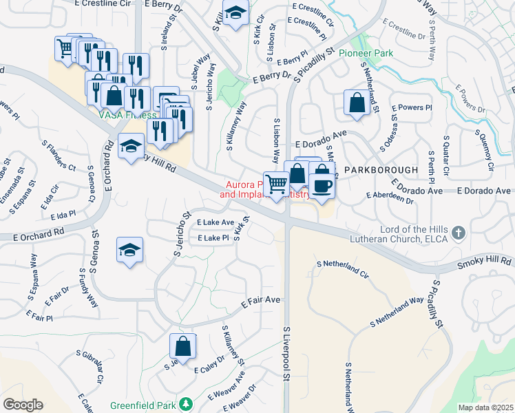 map of restaurants, bars, coffee shops, grocery stores, and more near 19711 East Smoky Hill Road in Aurora