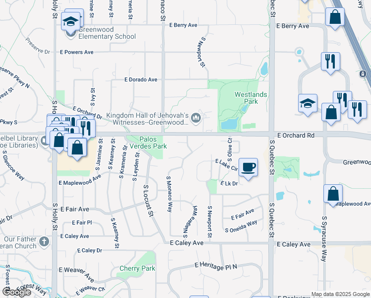 map of restaurants, bars, coffee shops, grocery stores, and more near 5912 South Niagara Street in Centennial