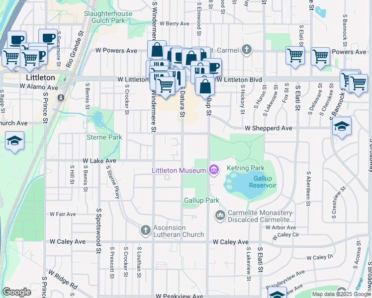 map of restaurants, bars, coffee shops, grocery stores, and more near 5909 South Datura Court in Littleton
