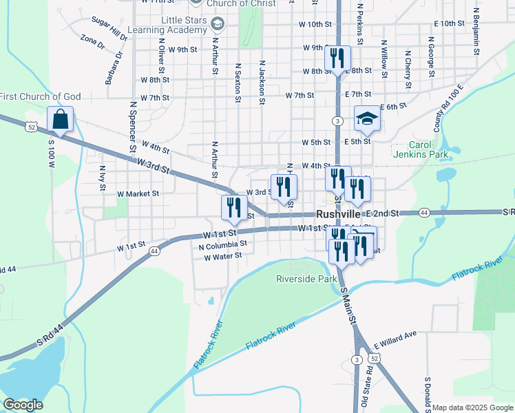 map of restaurants, bars, coffee shops, grocery stores, and more near 437 West 3rd Street in Rushville