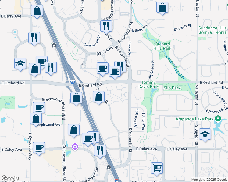 map of restaurants, bars, coffee shops, grocery stores, and more near 5941 South Willow Way in Greenwood Village