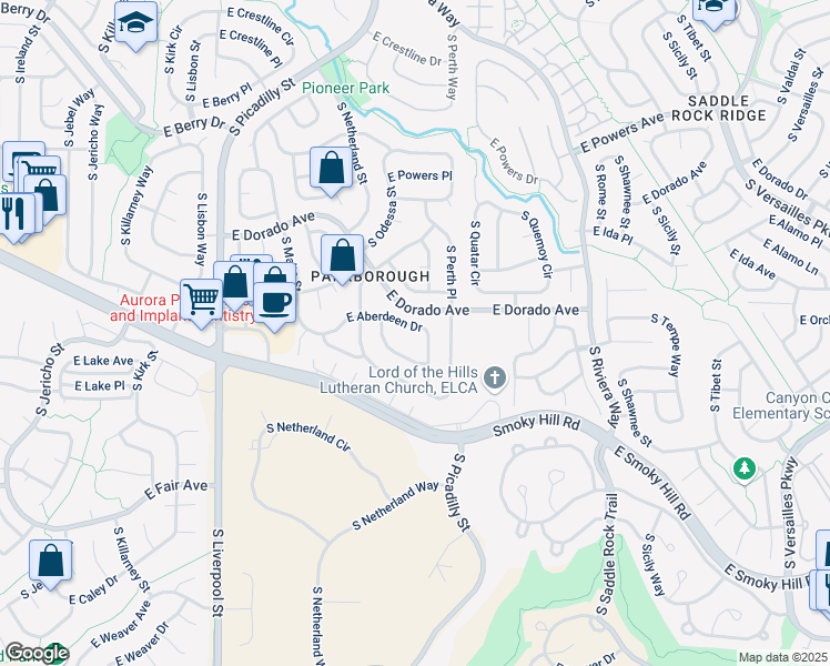 map of restaurants, bars, coffee shops, grocery stores, and more near 21490 East Aberdeen Drive in Centennial