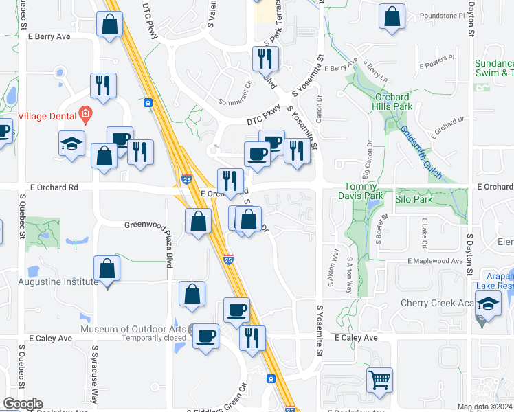 map of restaurants, bars, coffee shops, grocery stores, and more near 8727 East Roundtree Avenue in Greenwood Village