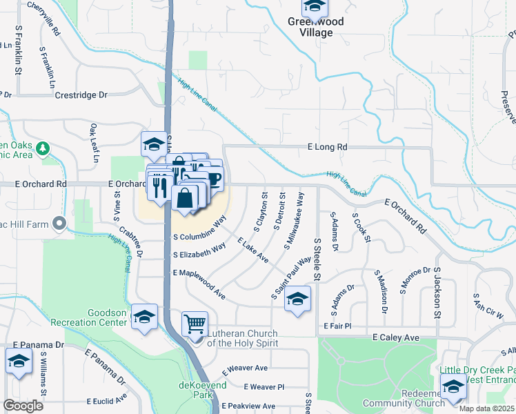 map of restaurants, bars, coffee shops, grocery stores, and more near 5926 South Elizabeth Way in Centennial