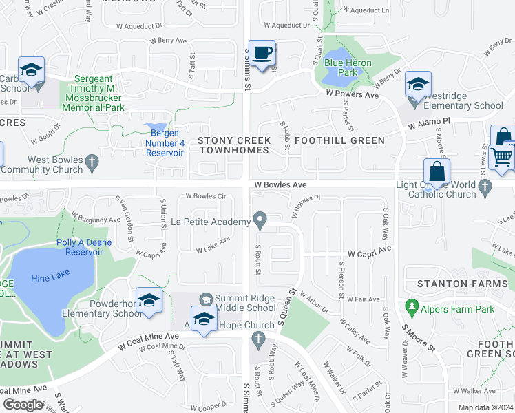 map of restaurants, bars, coffee shops, grocery stores, and more near 11469 West Burgundy Avenue in Littleton