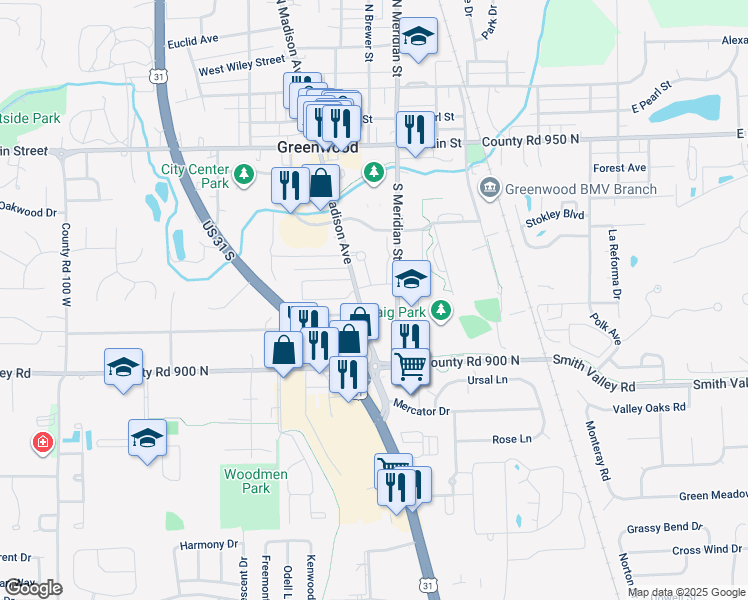 map of restaurants, bars, coffee shops, grocery stores, and more near 523 South Madison Avenue in Greenwood