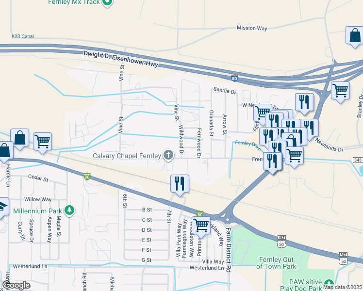 map of restaurants, bars, coffee shops, grocery stores, and more near 214 Wildwood Drive in Fernley