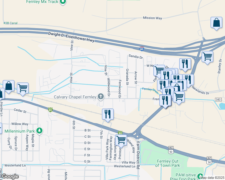 map of restaurants, bars, coffee shops, grocery stores, and more near 902 Sagewood Drive in Fernley