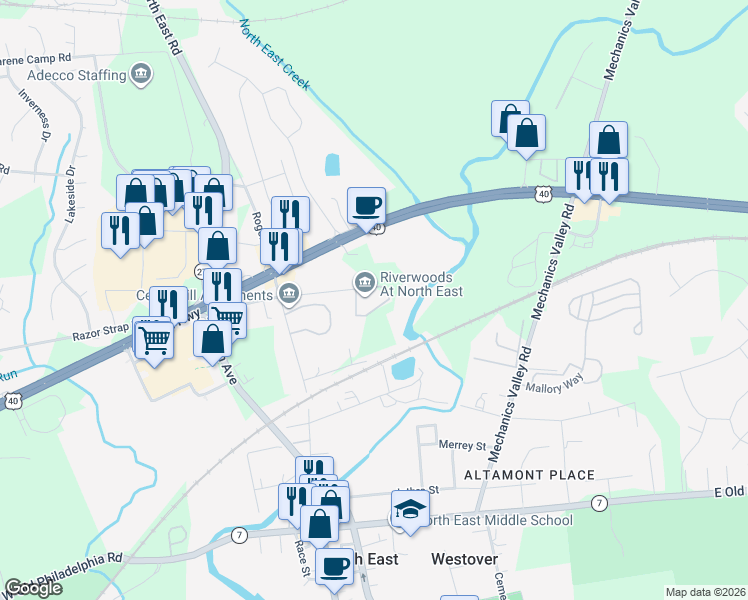 map of restaurants, bars, coffee shops, grocery stores, and more near 125 Railroad Lane in North East