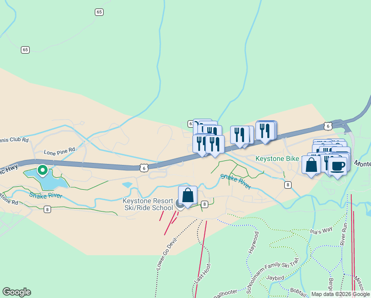 map of restaurants, bars, coffee shops, grocery stores, and more near 57 West Hansen Road in Dillon
