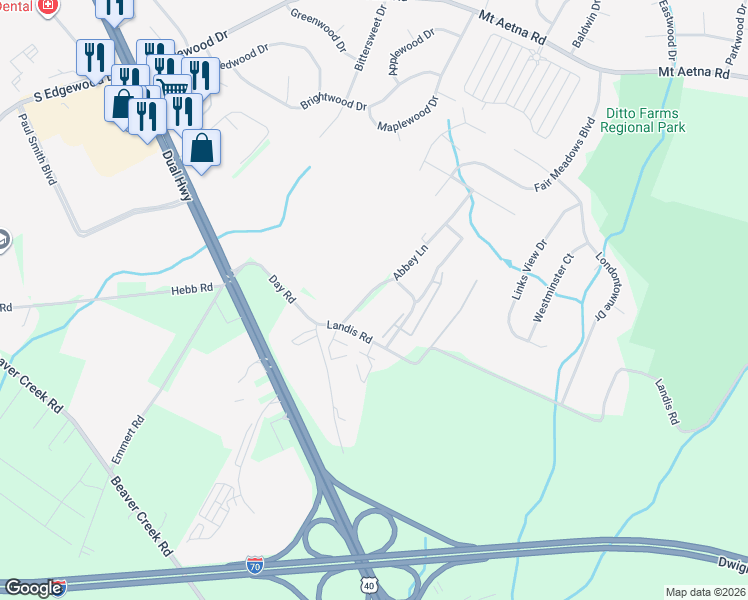 map of restaurants, bars, coffee shops, grocery stores, and more near 1900 Abbey Lane in Hagerstown