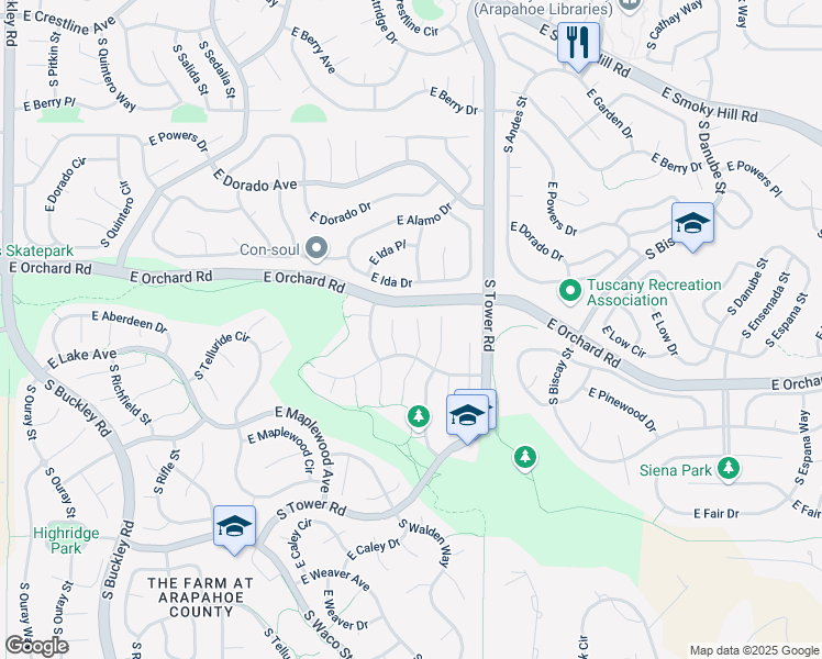 map of restaurants, bars, coffee shops, grocery stores, and more near 5914 South Waco Court in Aurora
